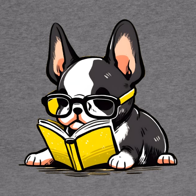 Boston Terrier With Glasses Reading a Book by xuanxuanshop